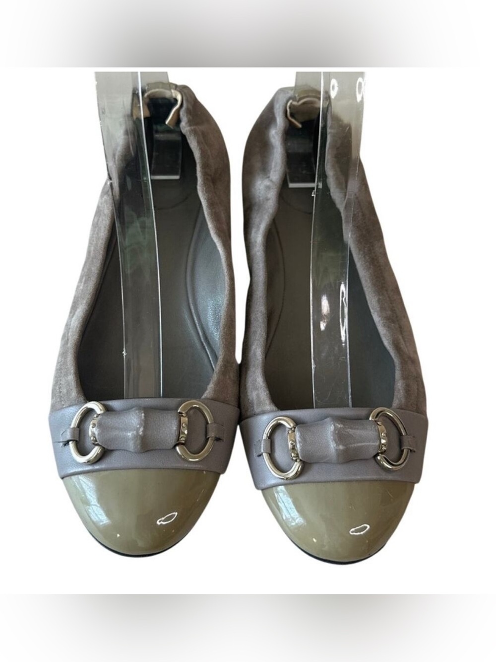 Gucci Horsebit Ballet Flats Gray Suede Green Cap Toe Scrunch 38